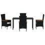Schwarze 5-tlg. Garten Essgruppe aus Polyrattan mit Tisch und Stühlen mit Akazienholz Armlehnen.