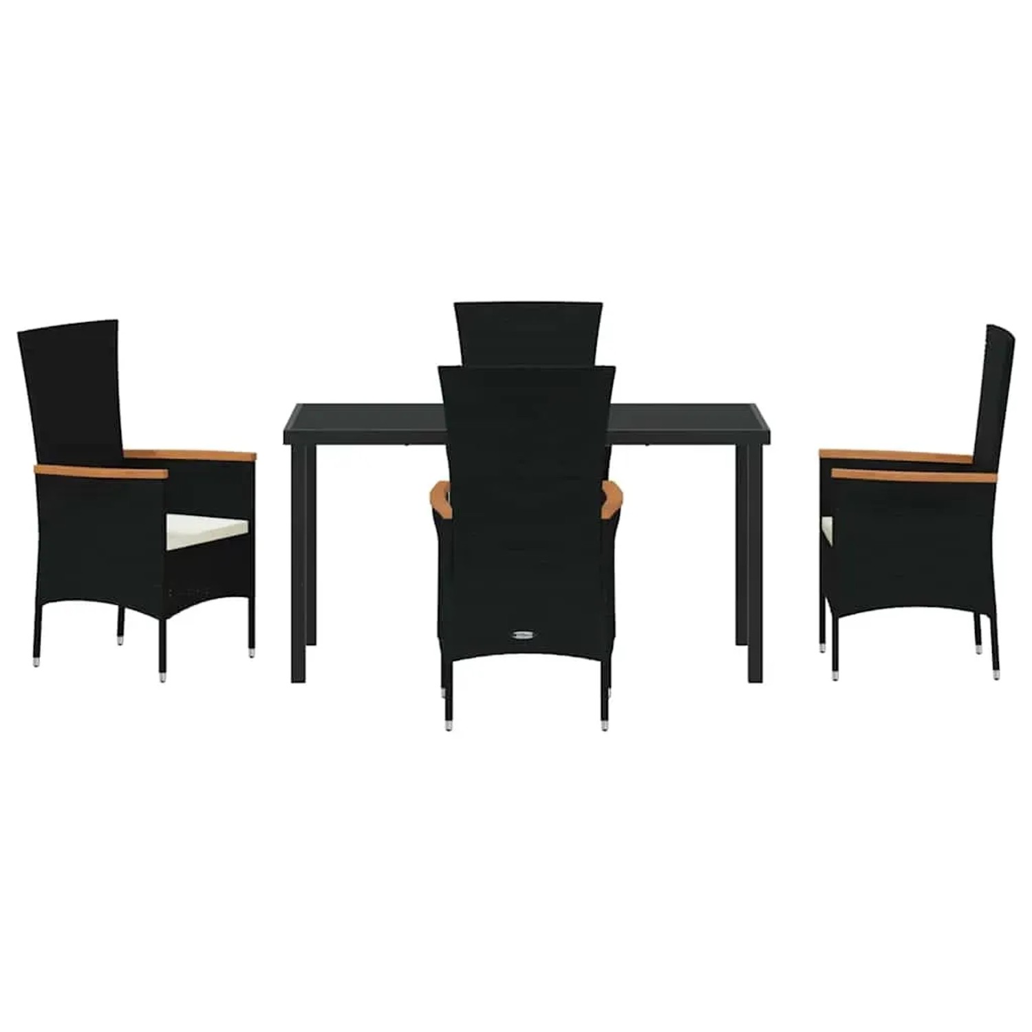 Schwarze 5-tlg. Garten Essgruppe aus Polyrattan mit Tisch und Stühlen mit Akazienholz Armlehnen.