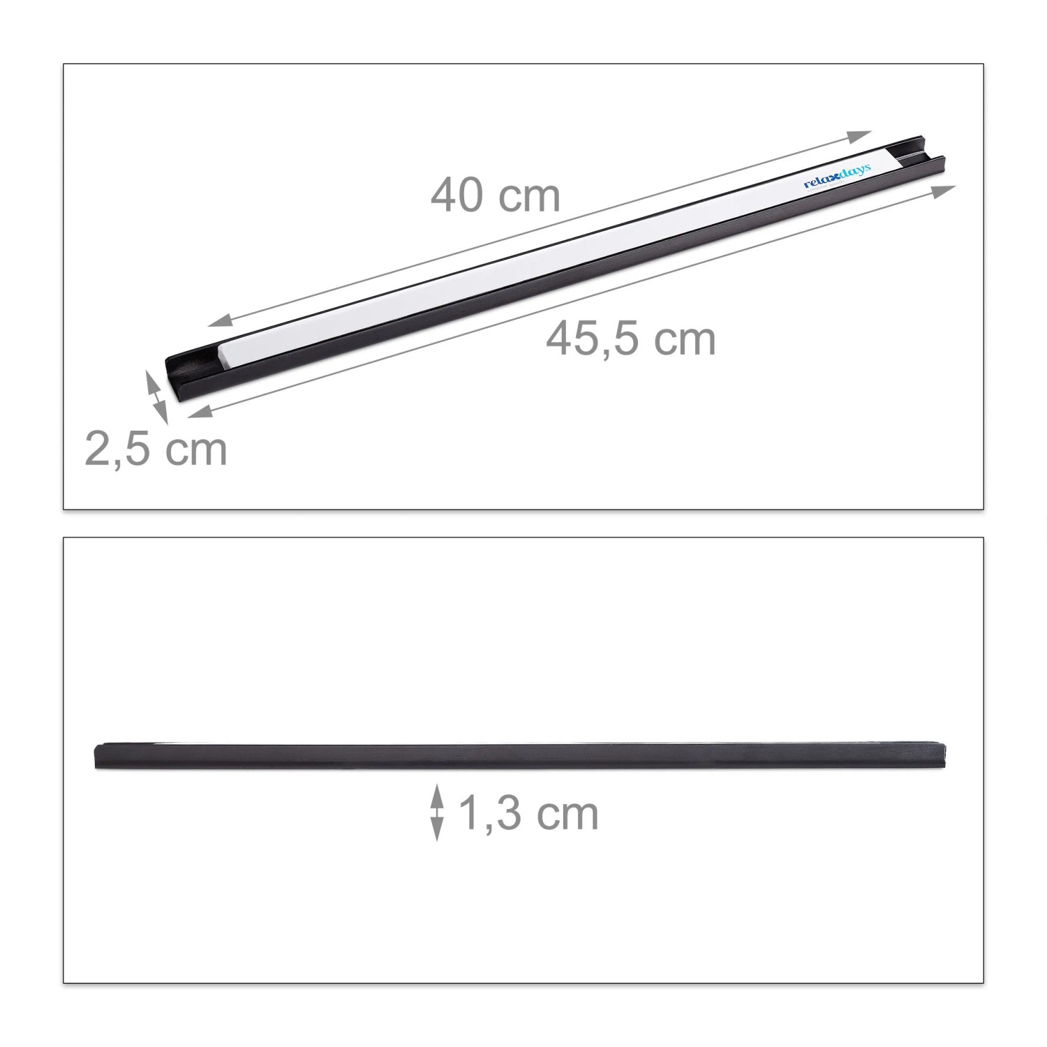 Relaxdays Werkzeugmagnetleiste aus Stahl, schwarz/weiß, 45,5x2,5x1,3 cm, mit Maßen zur Werkzeugaufbewahrung.