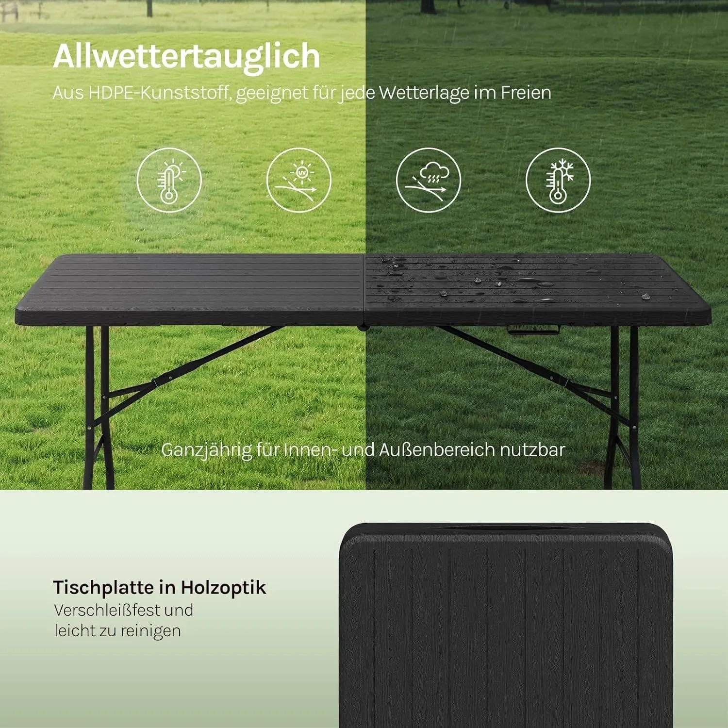 Schwarzer WOLTU Klapptisch in Holzoptik, klappbar, auf Rasen. Eine Hälfte trocken, eine nass, zeigt Wetterbeständigkeit.