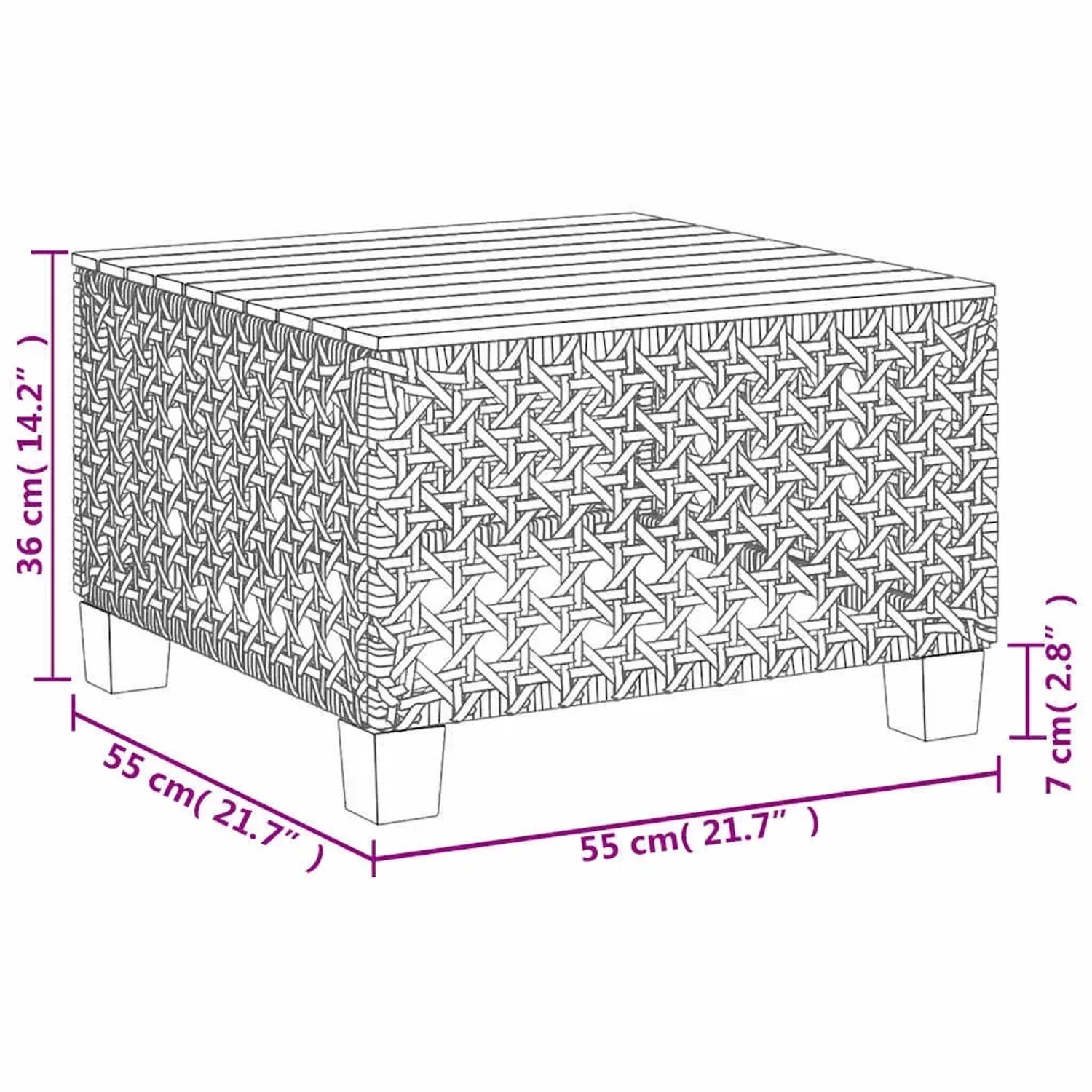 vidaXL Gartentisch, beige Poly Rattan, Teil der 7-tlg. Sofagarnitur. Quadratisch, mit Holzfüßen und Maßangaben.