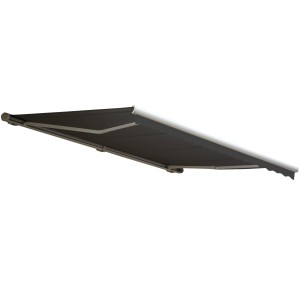Anthrazitfarbene MCW Kassettenmarkise 4x3m mit Volant, aus Polyester. Vollkassettenmarkise.
