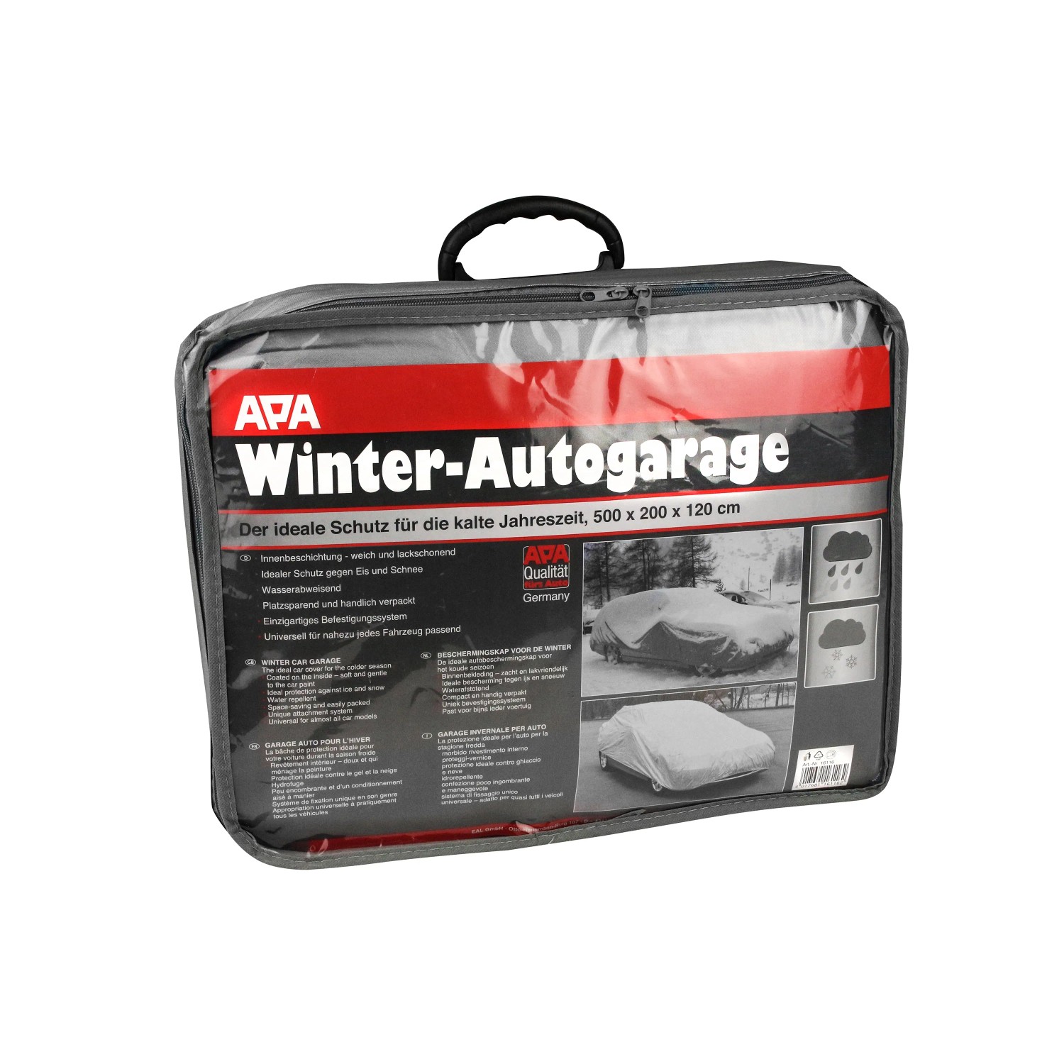 Verpackte APA Auto Wintergarage universal, 120x200x500cm, silberfarben. Autoschutz für den Winter.