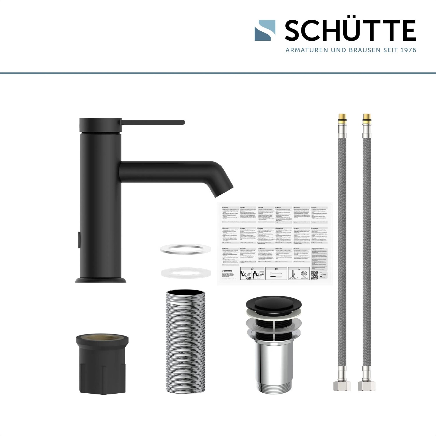 Schwarze Schütte Waschtischarmatur Los Angeles mit Zubehör wie Ablaufgarnitur und Anschlussschläuchen.