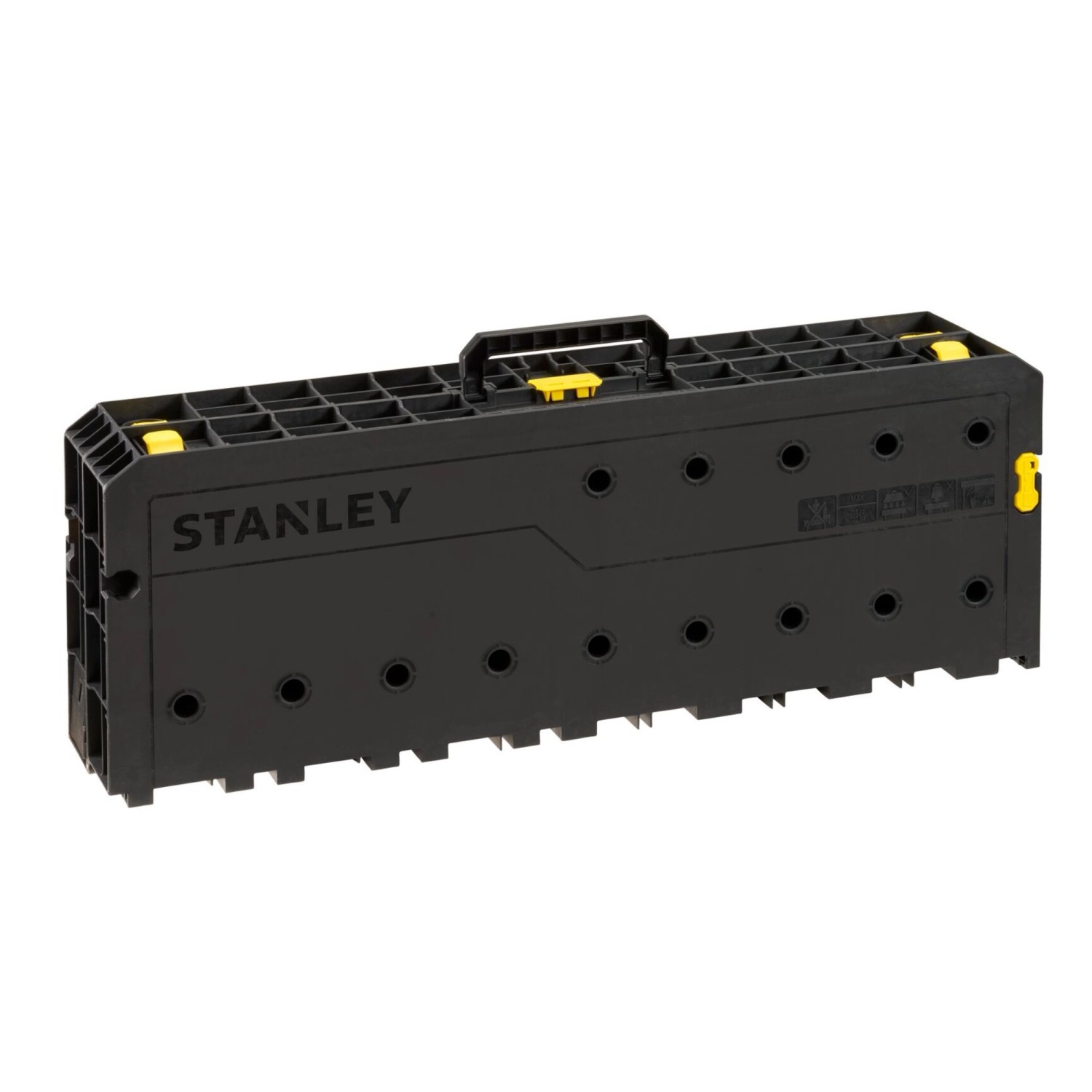 Zusammengeklappte Stanley Essential Werkbank, schwarz mit gelben Akzenten, für einfachen Transport.