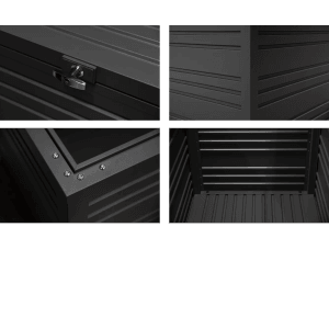Detailansichten der Weide Aluminium Gartenbox (1318L): Schloss, Ecke, Innenraum, Wandstruktur.