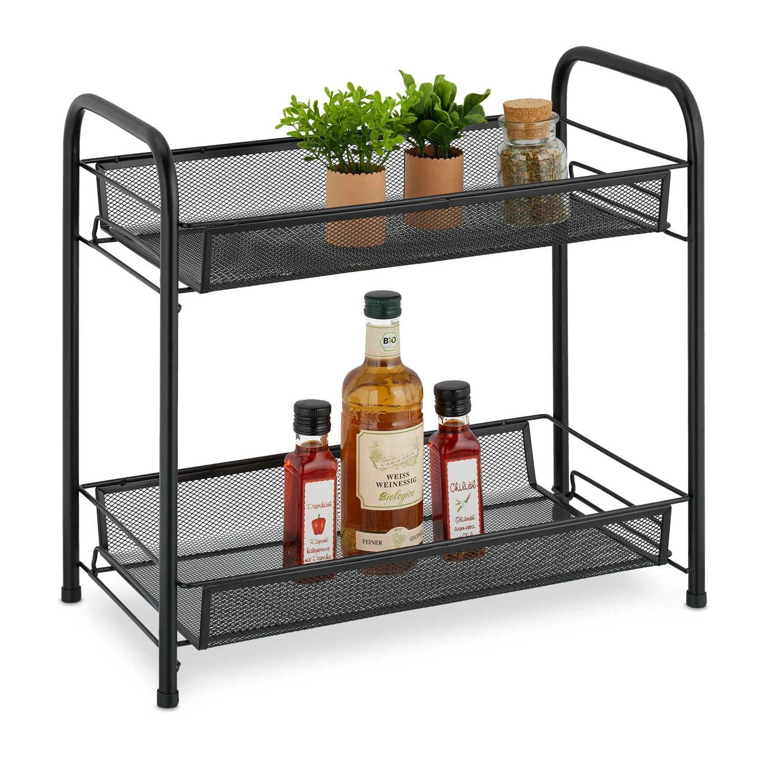 Relaxdays Gewürzregal Metall Schwarz mit 2 Ablagen 44,5 cm x 48 cm x 27 cm 1,8 kg