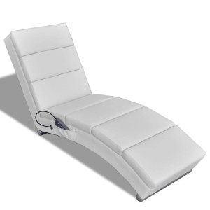 Weiße vidaXL Massage-Chaiselongue aus Kunstleder. Relaxsessel mit Fernbedienung und Massagepunkten.