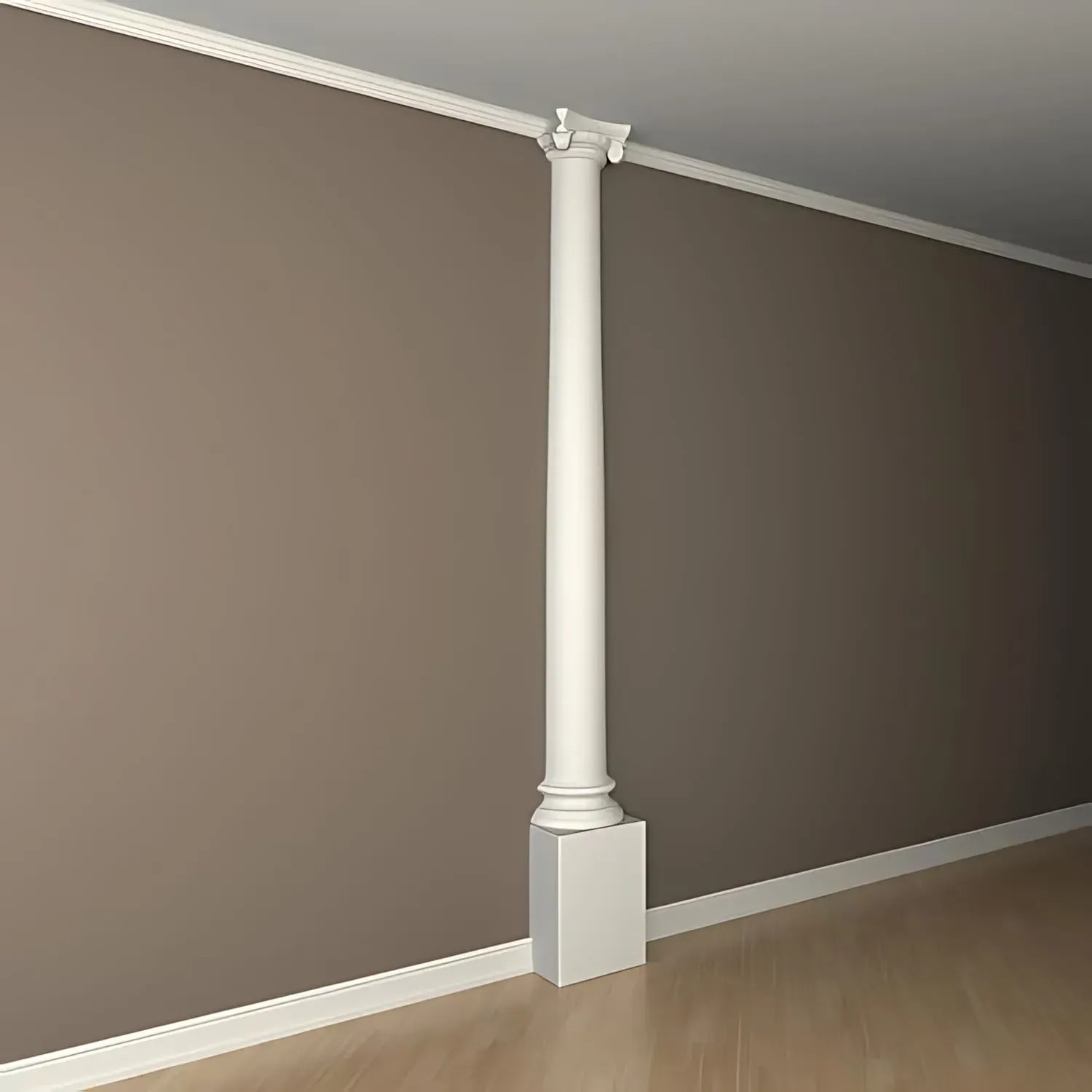 Weiße PROFHOME Halbsäule mit Sockel als Zierelement/Stuckdekor im Raum.