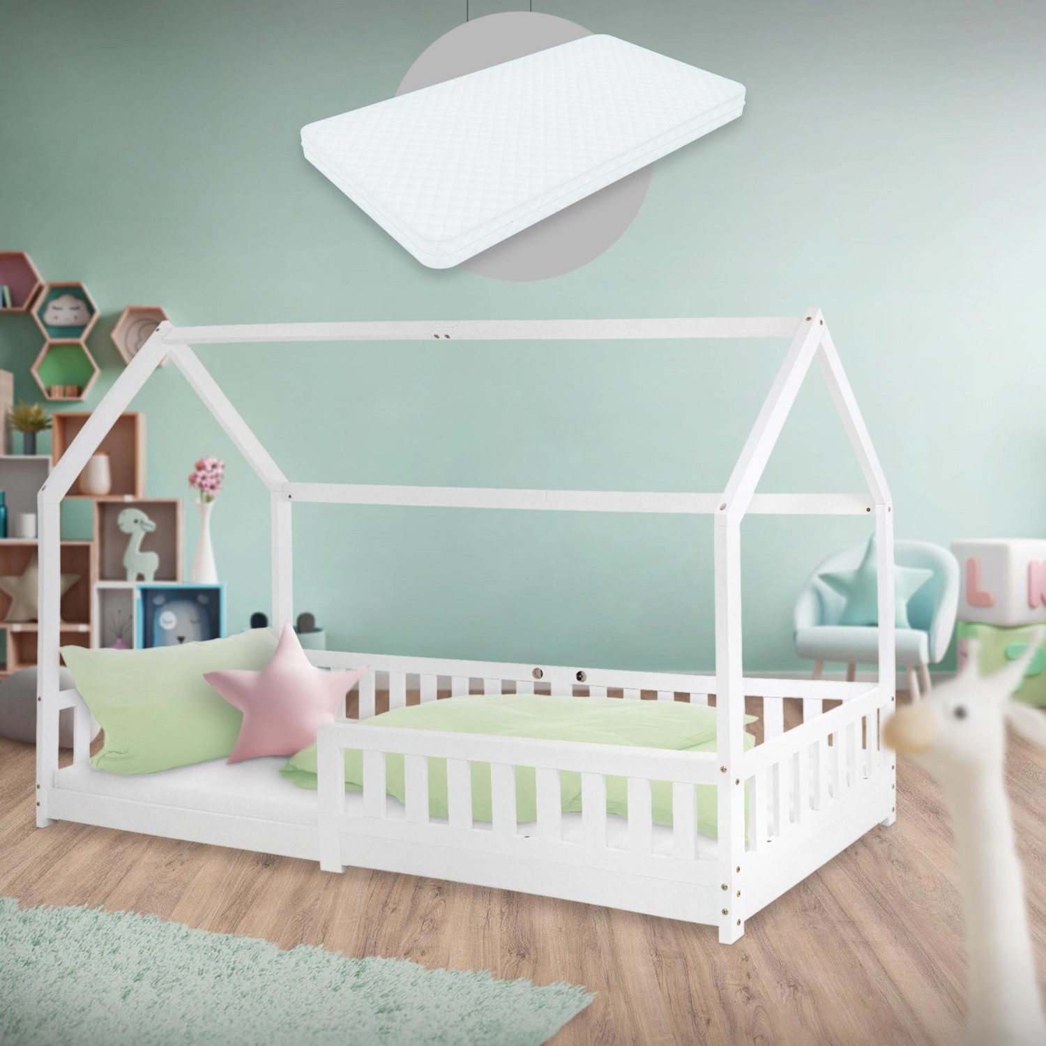 ML-Design Kinderbett 90x200 cm Weiß mit Matratze H10cm Rausfallschutz
