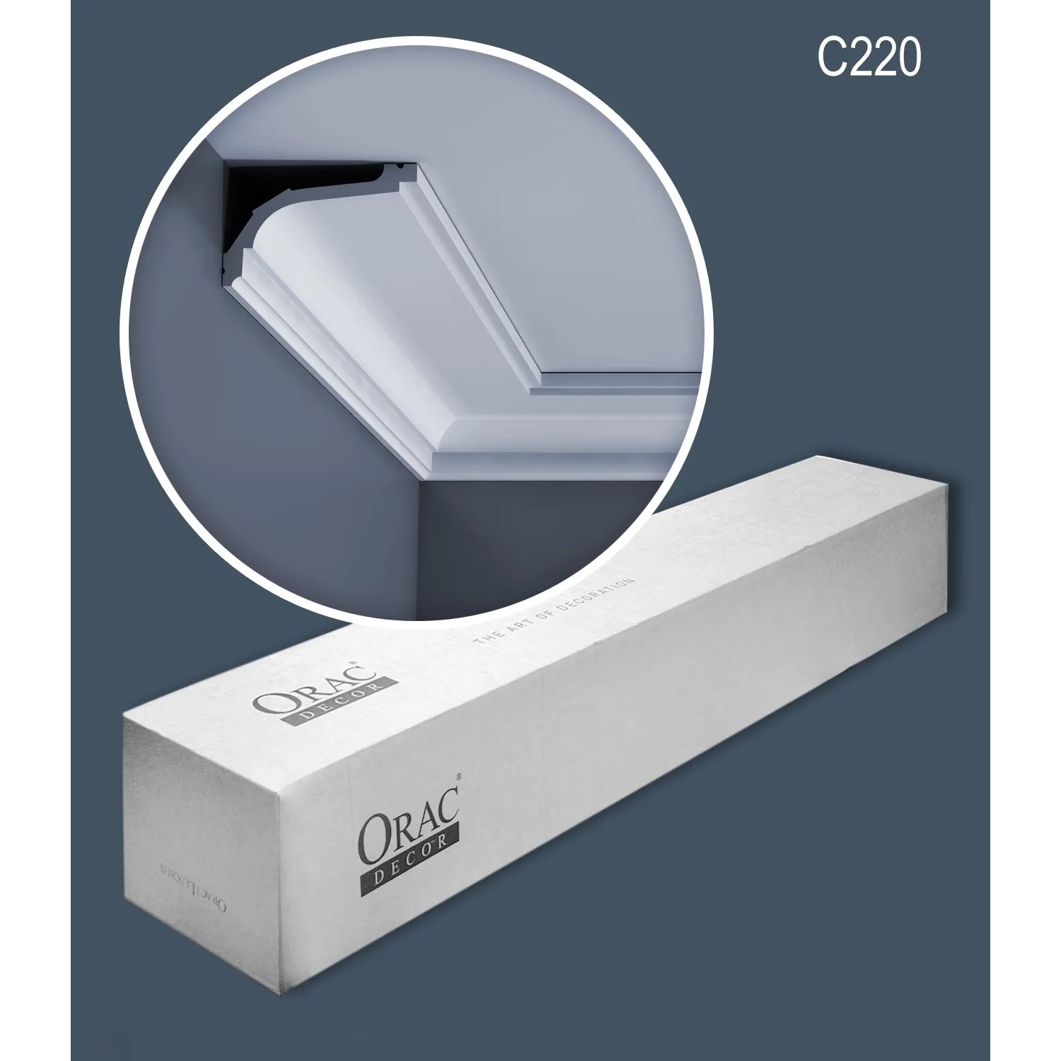 ORAC DECOR C220 LUXXUS Zierleisten Set mit Stuckleisten und Detailaufnahme der Eckleiste.