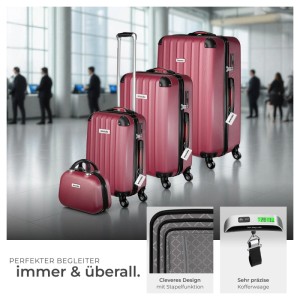 Tectake Hartschalenkoffer Set Cleo 4 Teilig  3 Trolleys  1 Beauty Case Inkl  Kofferwaage und  Anhänger Mit Teleskopgriff  30 50 x 48 x 75 cm Weinrot