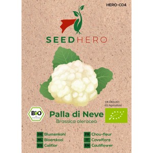 Seedhero BIO Blumenkohl Palla Di Neve Samen, weiße Köpfe und grüne Blätter.