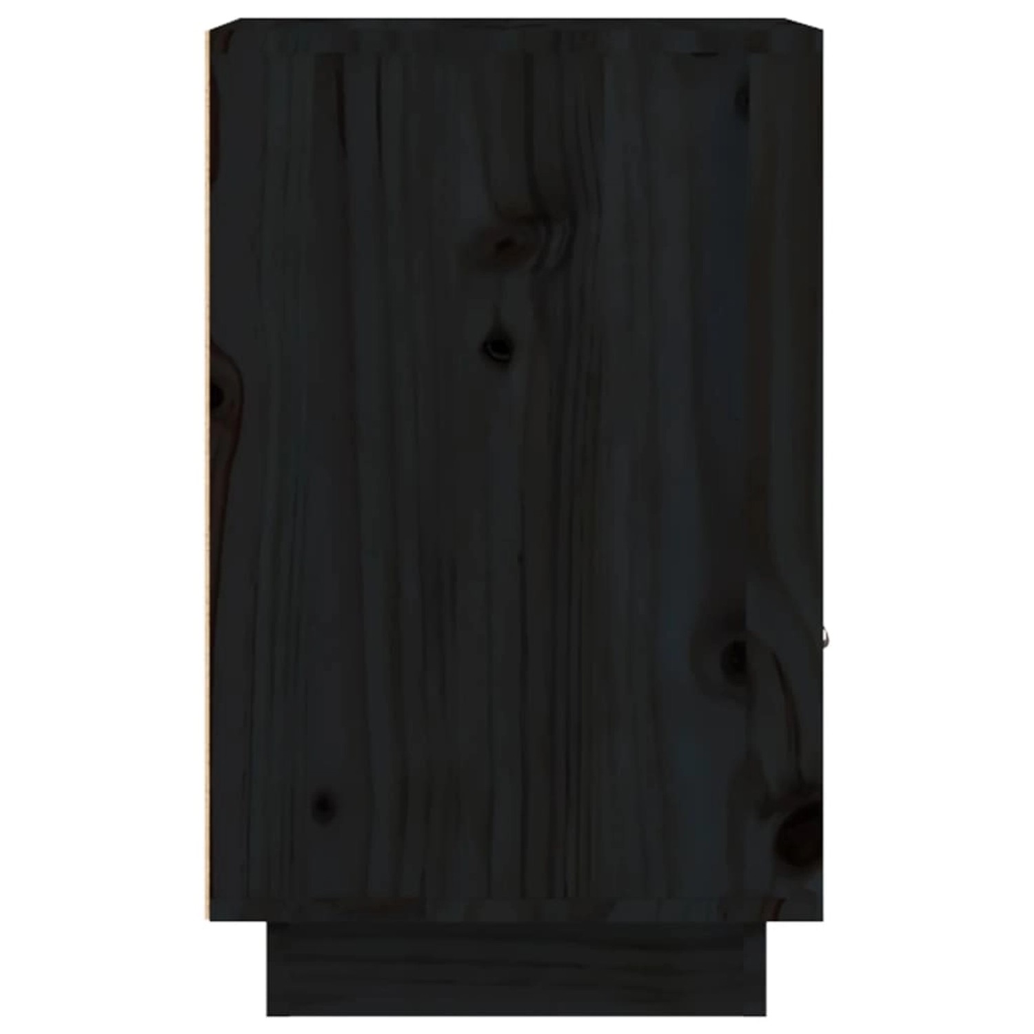 Schwarzer Nachttisch aus Kiefernholz, 40x34x55 cm, mit Tür und Fächern.