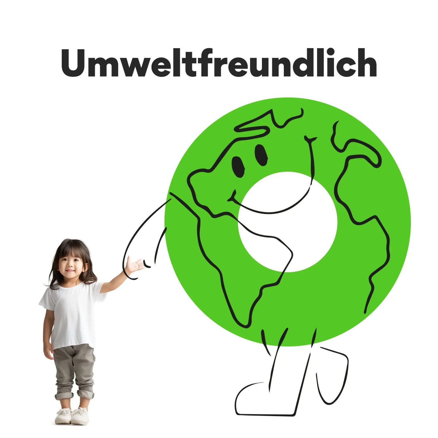 Umweltfreundlich: Mädchen zeigt auf stilisierte, grüne Weltkugel mit Gesicht.