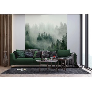 Sanders & Sanders Fototapete Berglandschaft mit Bäumen in Grün im Wohnzimmer.