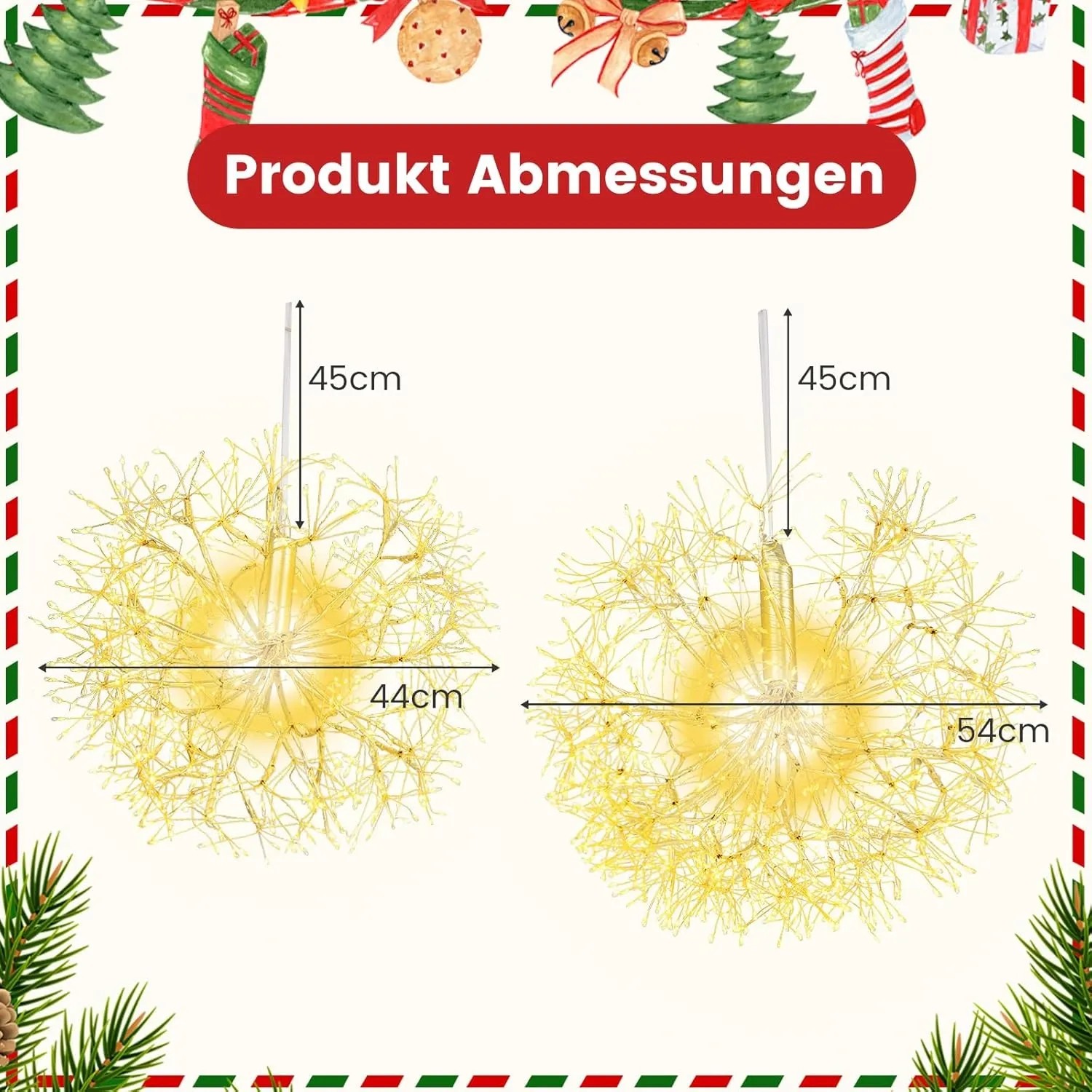 Zwei goldene LED Leuchtkugeln in Pusteblumen-Optik, 44cm und 54cm Durchmesser, als Weihnachtsdekoration zum Hinhängen.
