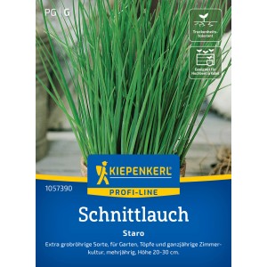 Kiepenkerl Schnittlauch Staro Samenpackung mit grünen Halmen, geeignet für Hochbeet und Kübel.