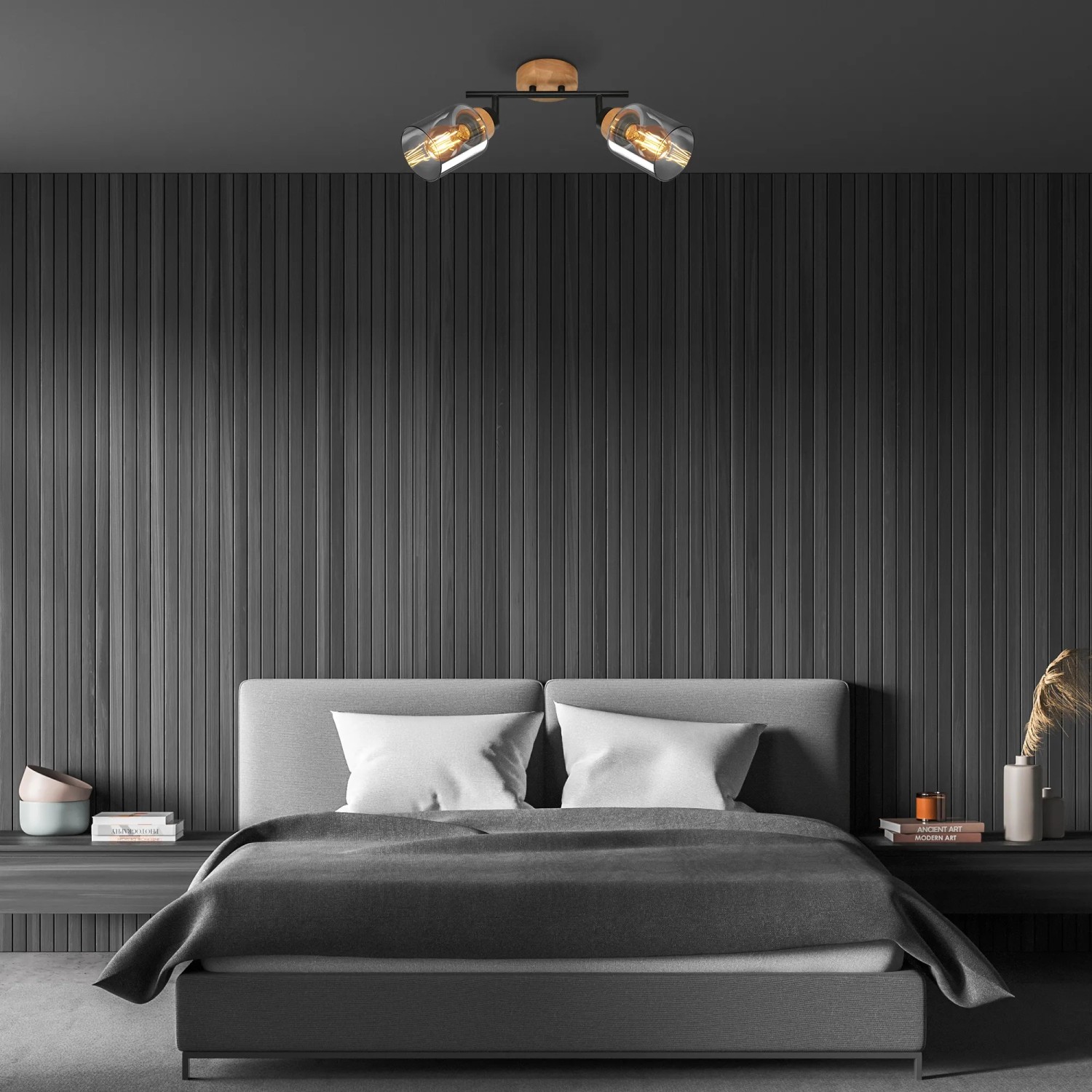 Brilo Deckenleuchte Hema mit Rauchglas und Holzbasis, schwenkbar, E27 Fassung, 28 cm.