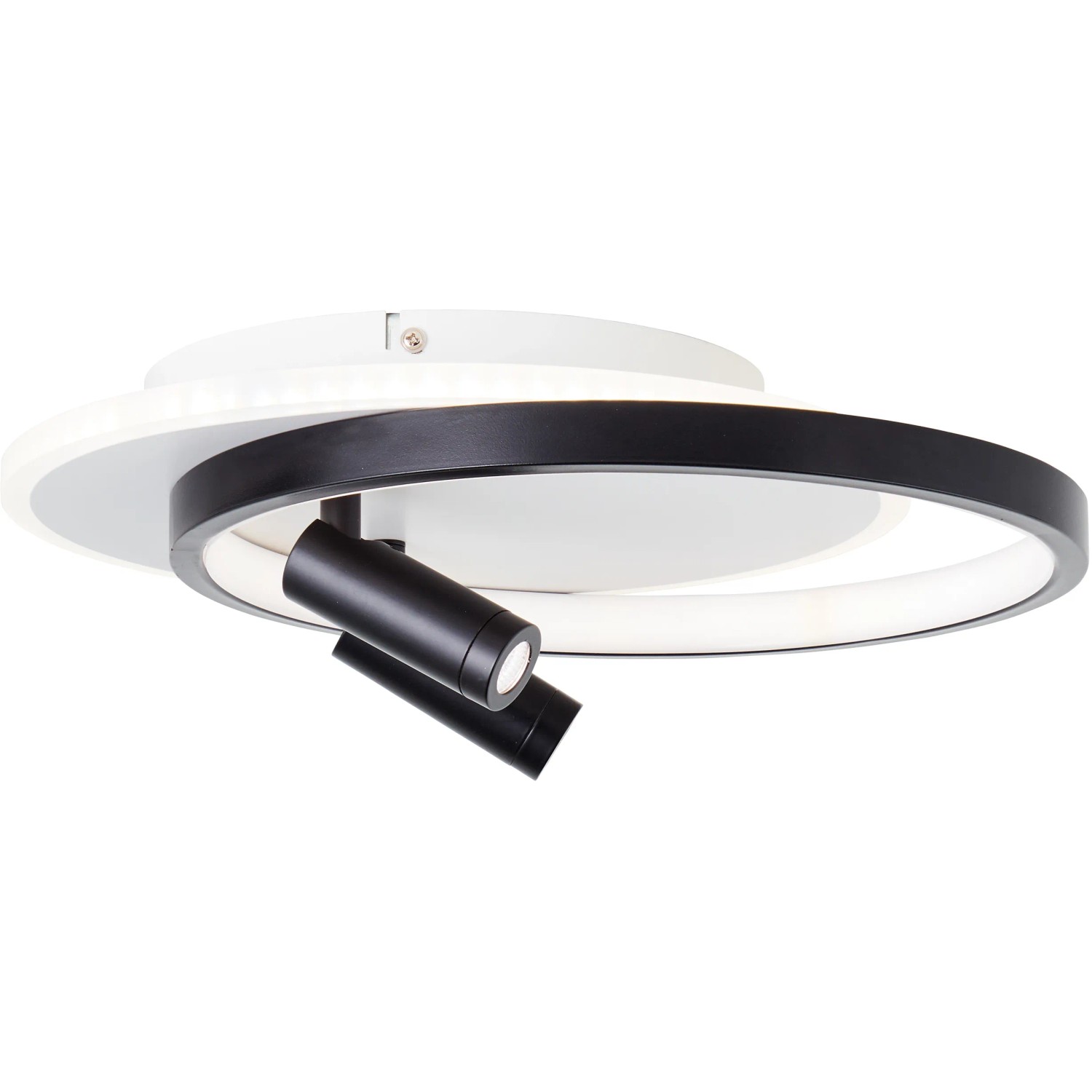 Moderne, dimmbare LED-Deckenleuchte Eunomia, schwarz-weiß, mit zwei schwenkbaren Spots.
