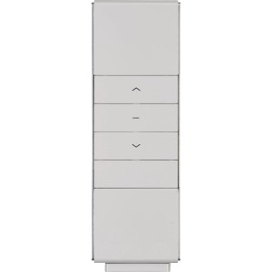 Fernbedienung für Markise, weiß, mit Tasten zur Steuerung von Hülsen-, Kassetten- und Vollkassettenmarkisen.