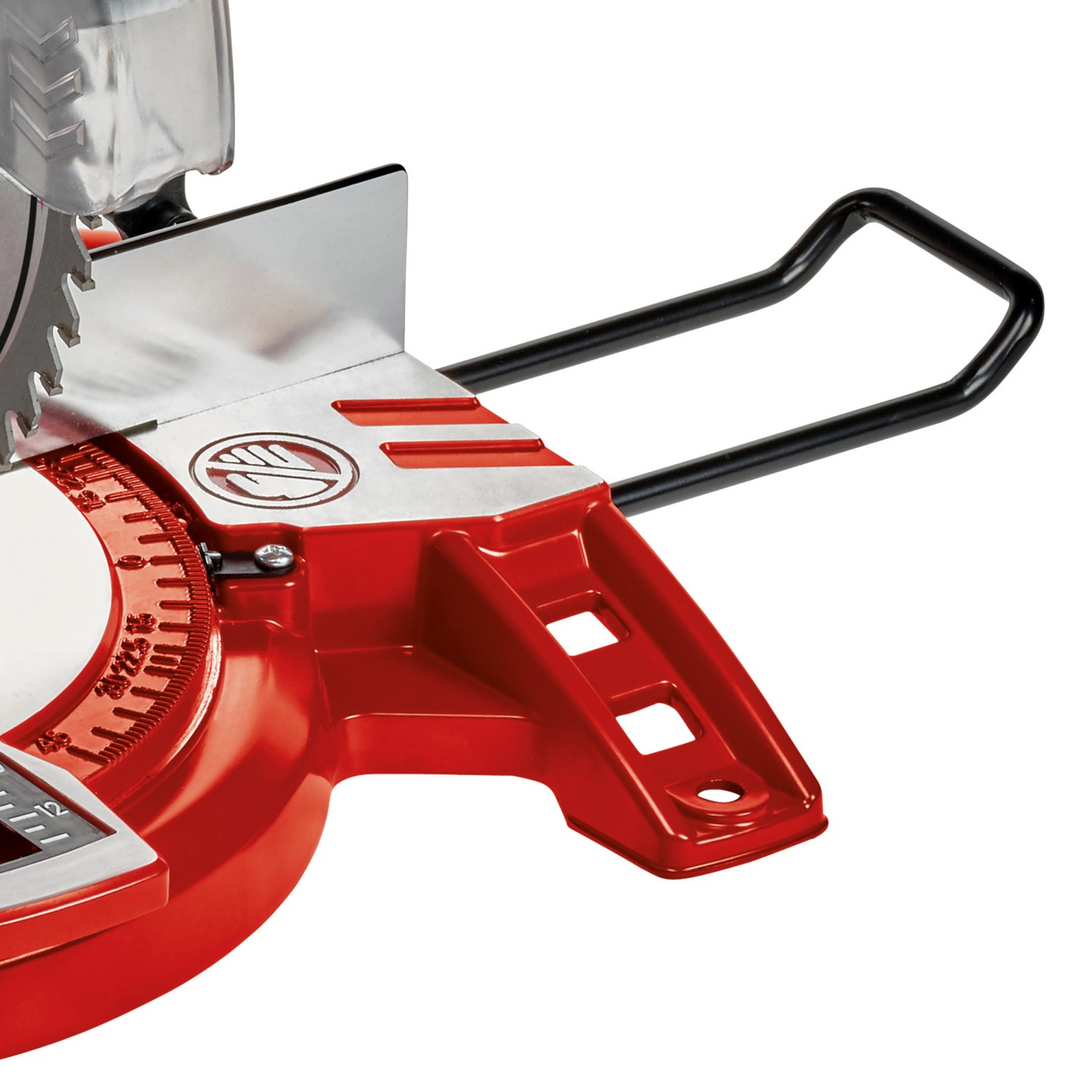 Detailaufnahme der Einhell TC-MS 2112 Kapp- und Gehrungssäge mit rotem Sockel und Winkelskala.