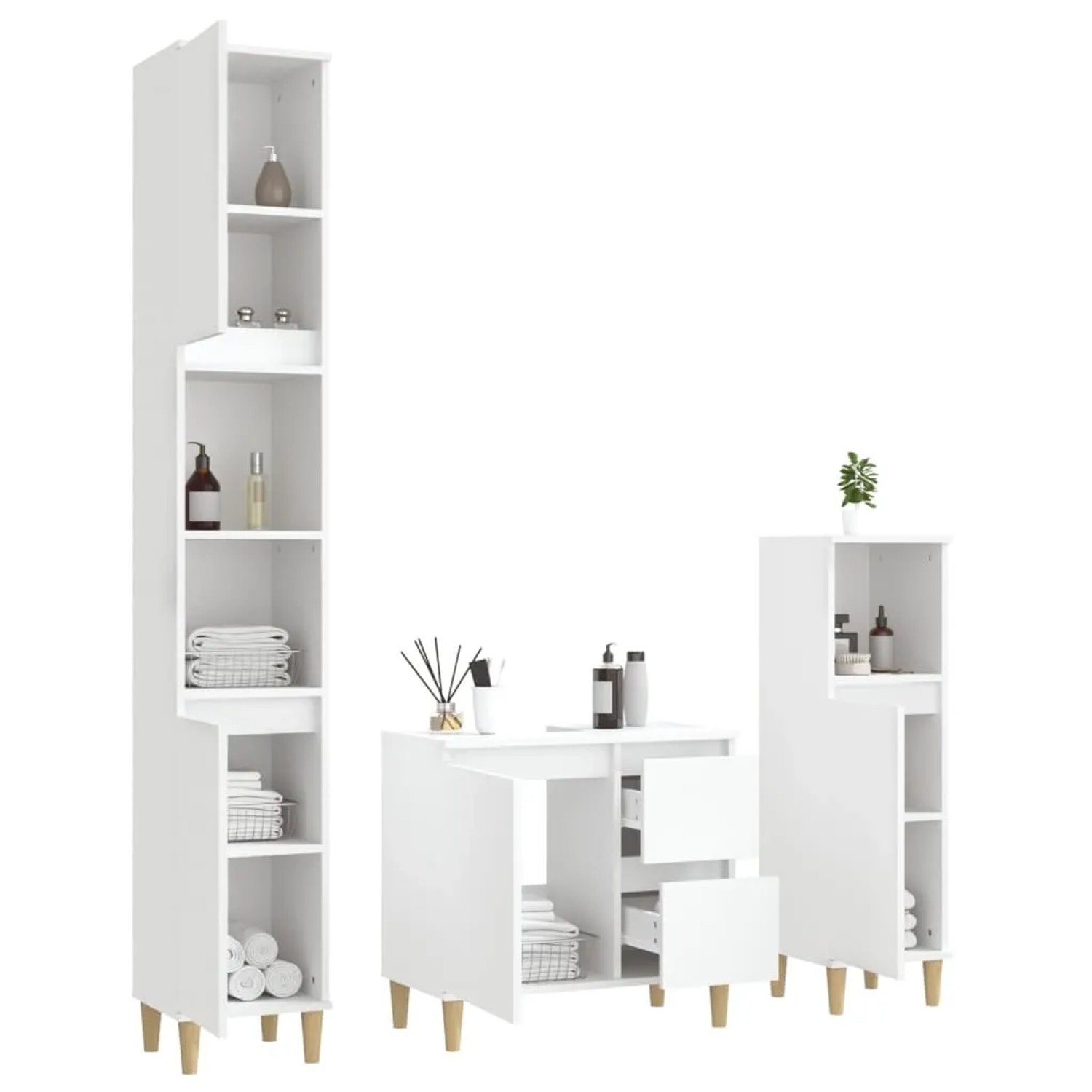 vidaXL Badmöbel-Set, 3-teilig, weiß. Badschrank mit Stauraum und Holzfüßen.