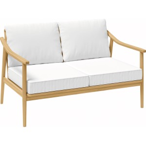 Lakewood Lounge-Bank: 2-Sitzer Gartenmöbel aus Akazienholz mit weißen Kissen.