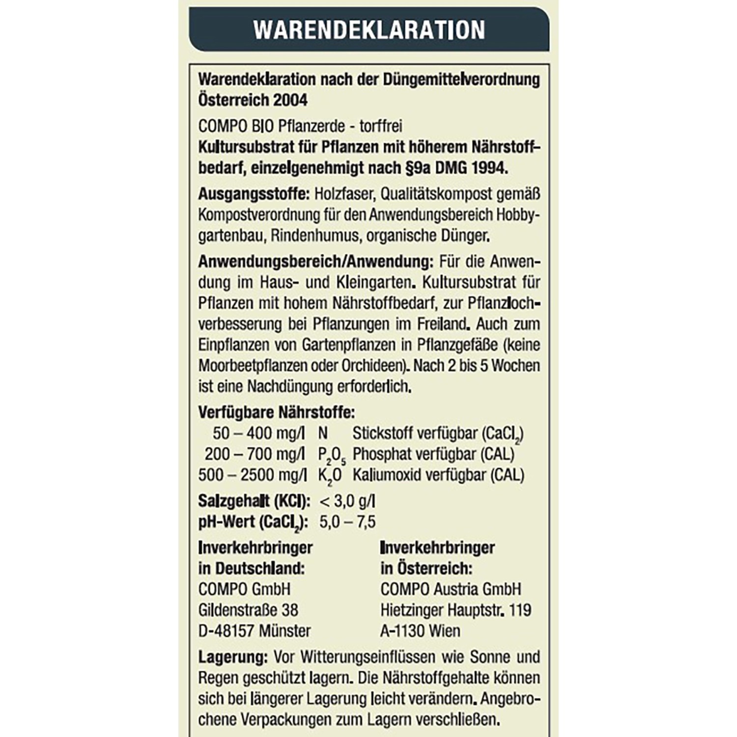 Nahaufnahme der Waren-Deklaration für Compo Bio Pflanzerde torffrei.
