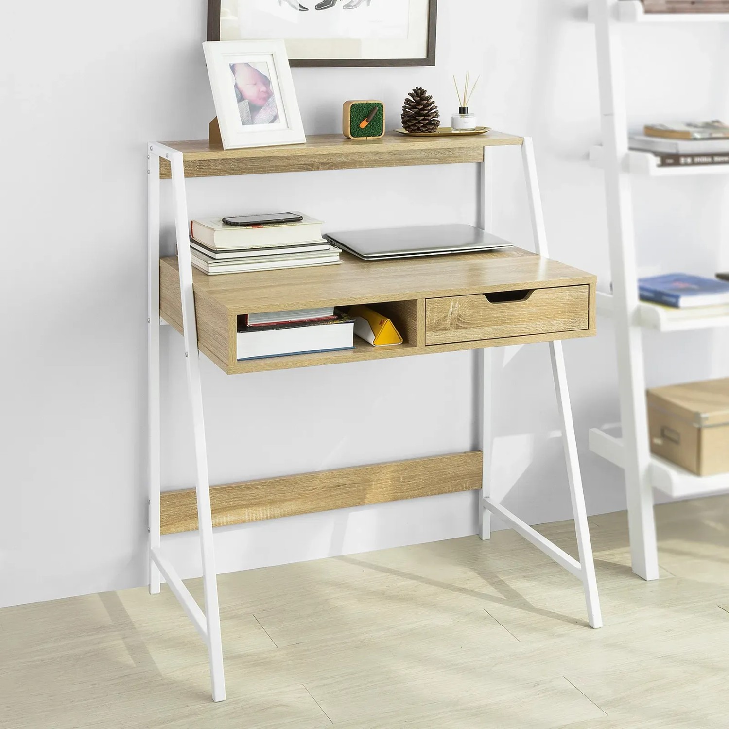 SoBuy Schreibtisch FWT63-N mit Ablage und Schublade, Naturfarbenes Holz und Metallgestell.