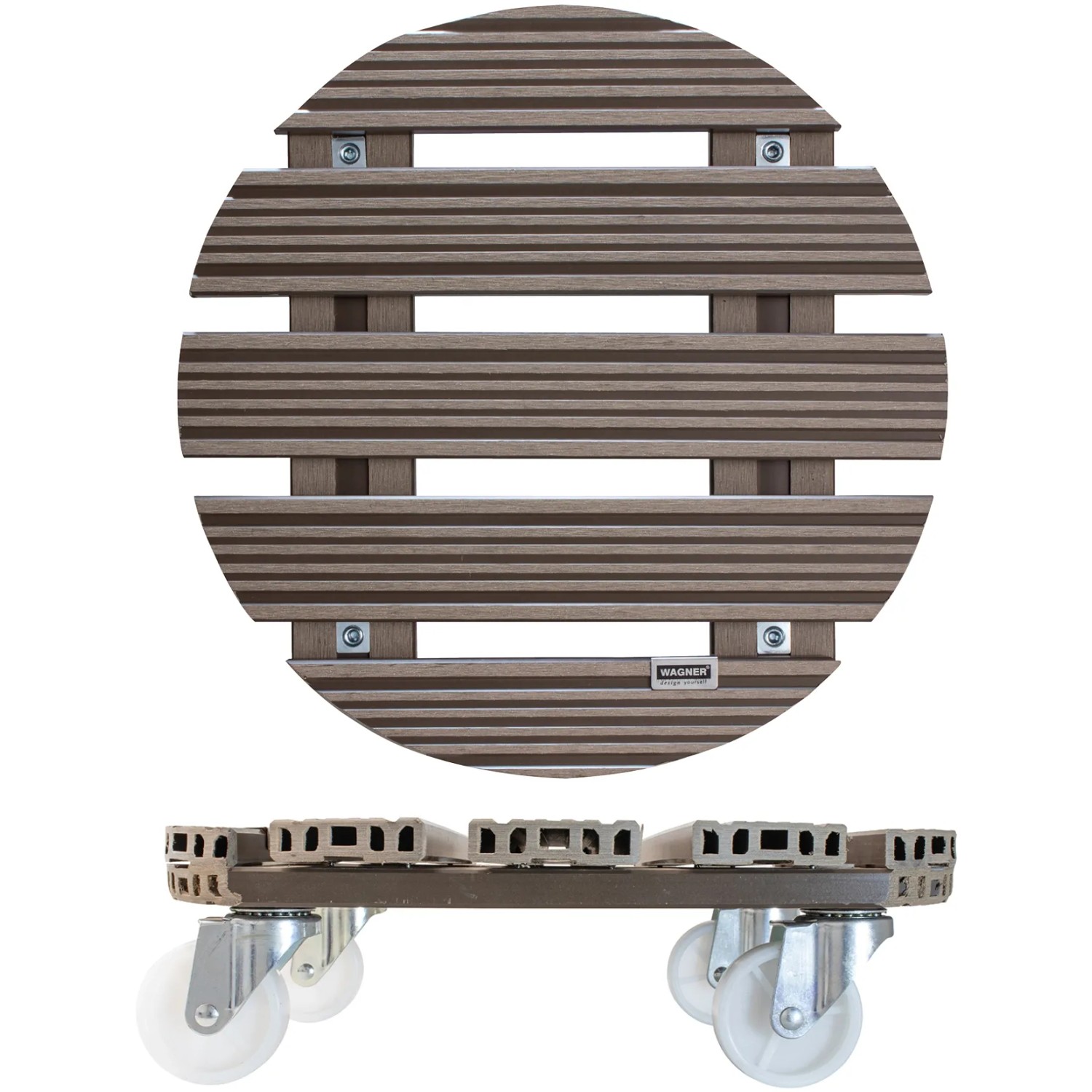 Wagner WPC Pflanzenroller, Ø 38,5 cm, taupe, mit 4 Rollen. Rolluntersetzer aus FSC®-zertifiziertem Holz.