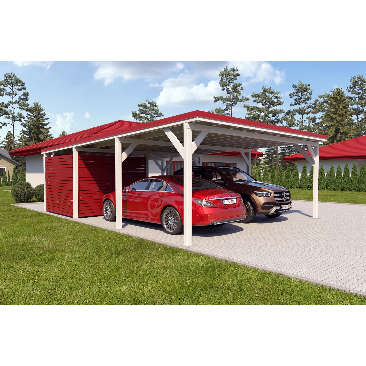 Holzbrüder Carport Ralf 52m² mit kl. Geräteraum Weiß-Rot günstig online kaufen