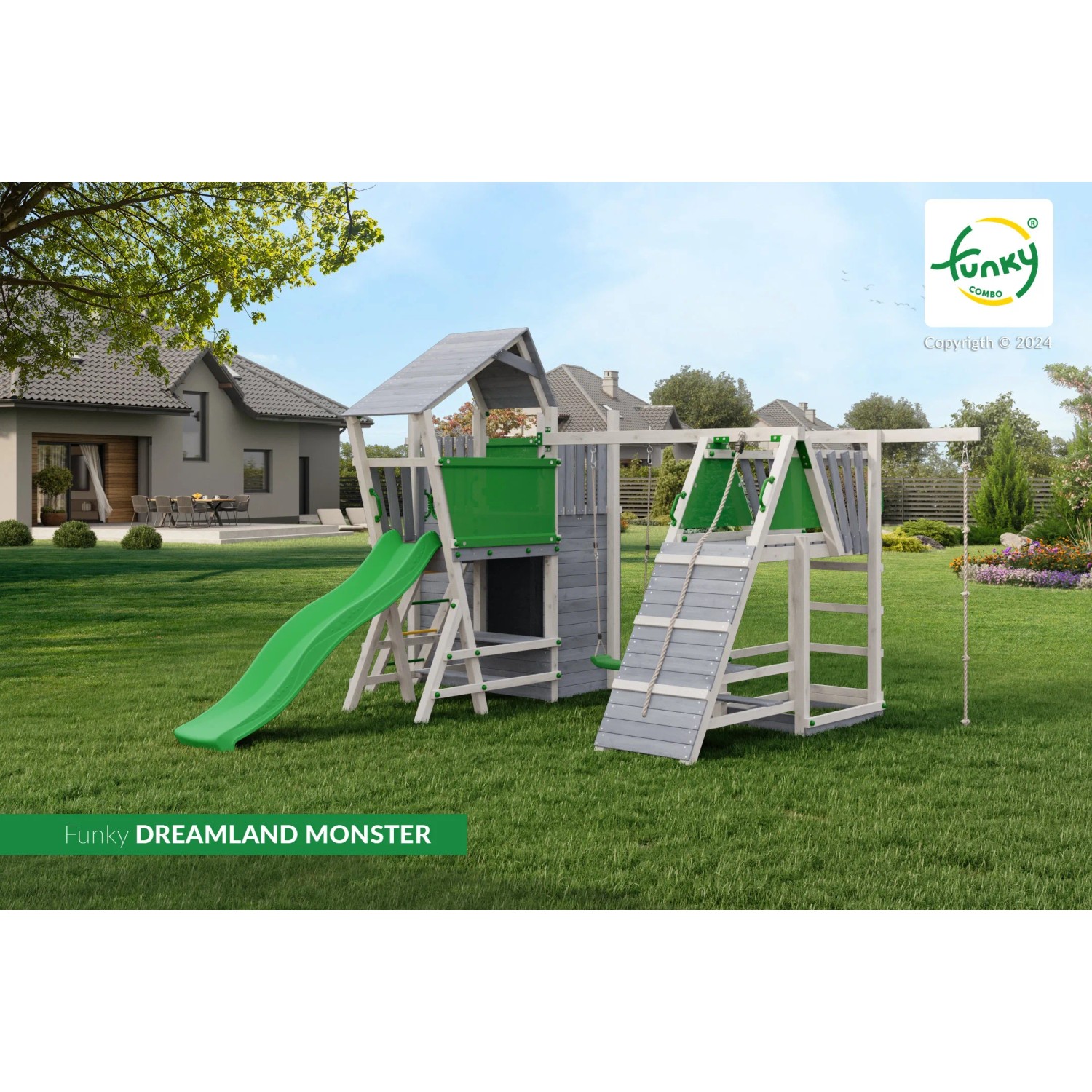 Spielturm Funky Combo DREAMLAND MONSTER mit Rutsche, Kletterwand und Schaukel im Garten.