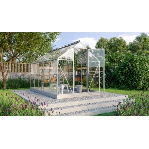 Vitavia Gewächshaus Triton 6200 aus Alu mit 6,2 m² und Fundamentrahmen im Garten.