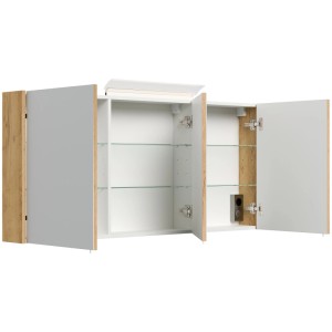 Offener Posseik Spiegelschrank 140 cm Eiche Gold mit LED-Lampe, Glasböden und Steckdose.