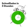 Symbolbild: Akku-Ladegerät lädt AA-Akkus schnell in 3 Stunden. Analoge Uhr mit grünem Punkt.