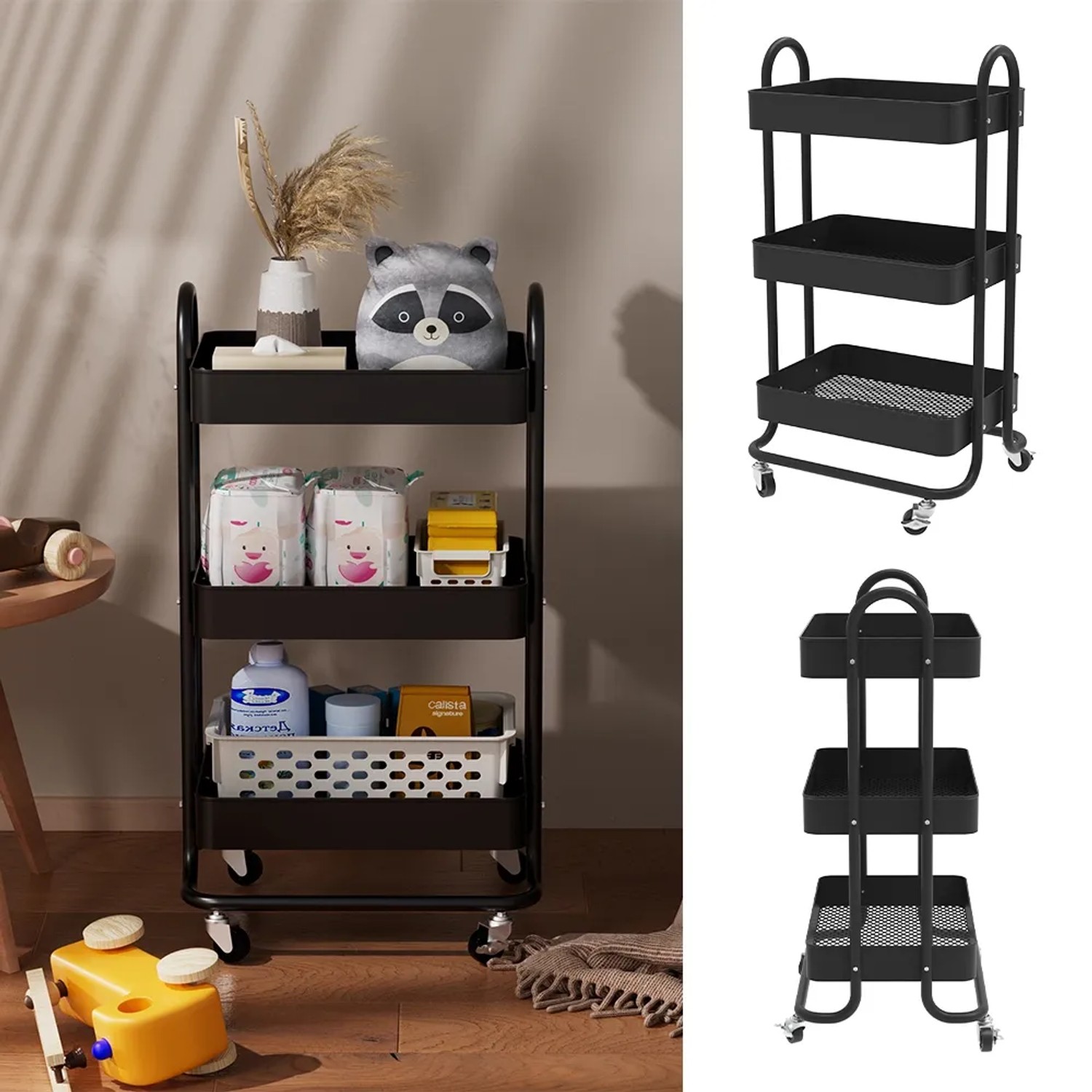 Vicco Rollregal Tron, rollbare Küchen-Minibar, schwarz, 46x79 cm.