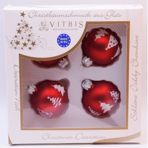 Vitbis 4er-Set rote, matte Weihnachtskugeln aus Glas, Ø 6cm, mit Dekor.