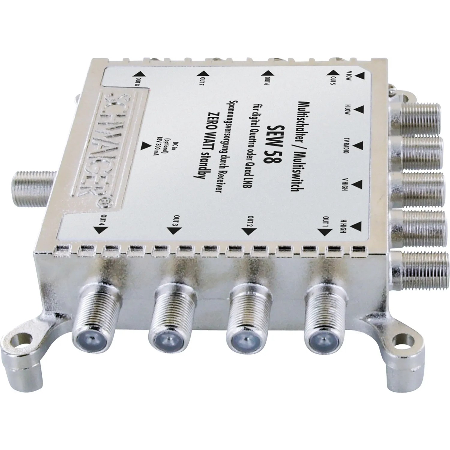 Schwaiger SAT-Multischalter 5-8 für bis zu 8 Teilnehmer, Aufsicht.