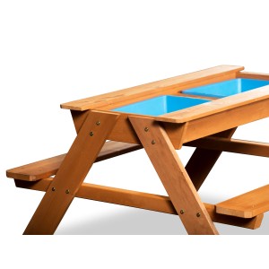 Coemo 2in1 Sand- und Wasserspieltisch für Kinder, Holz mit blauen Wannen.