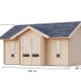Karibu Gartenhaus Finnmark aus Fichte, naturbelassen, mit Doppeltür und Fenster, Maße eingeblendet.