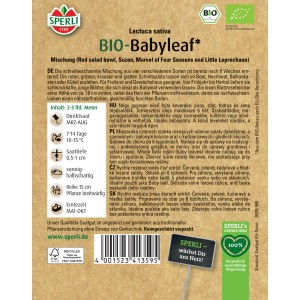 Samenpackung Sperli Bio Babyleafsalat Mischung mit rotem und grünem Salat.
