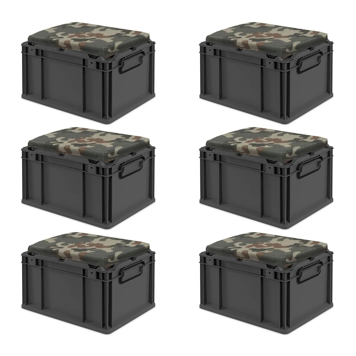 PROREGAL Sparset 6x Eurobox Nextgen Seat Box Camouflage HxBxT 26,5x30x40cm 20 Liter Griffe Geschlossen Schwarz