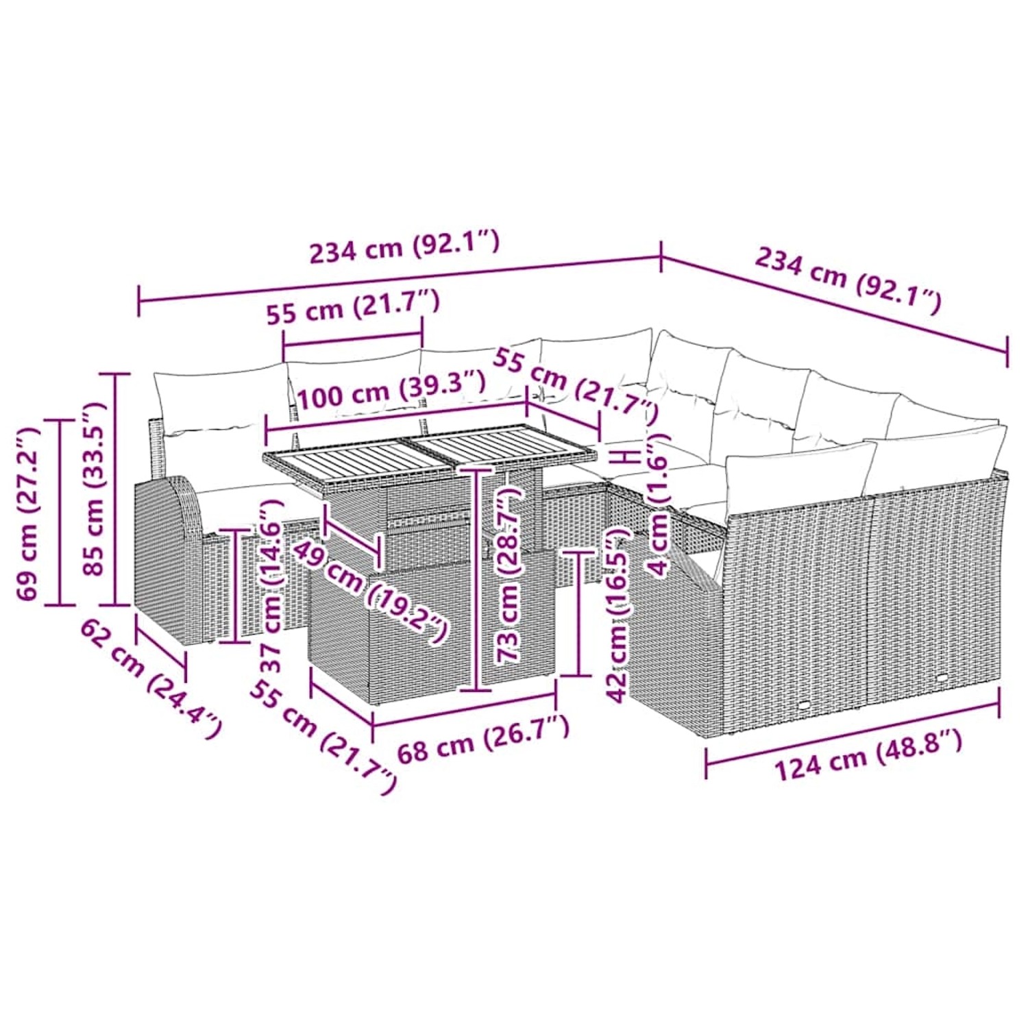 Schwarzes 11-teiliges vidaXL Garten-Sofa-Set mit Stauraum aus Polyrattan, Abmessungen sichtbar.