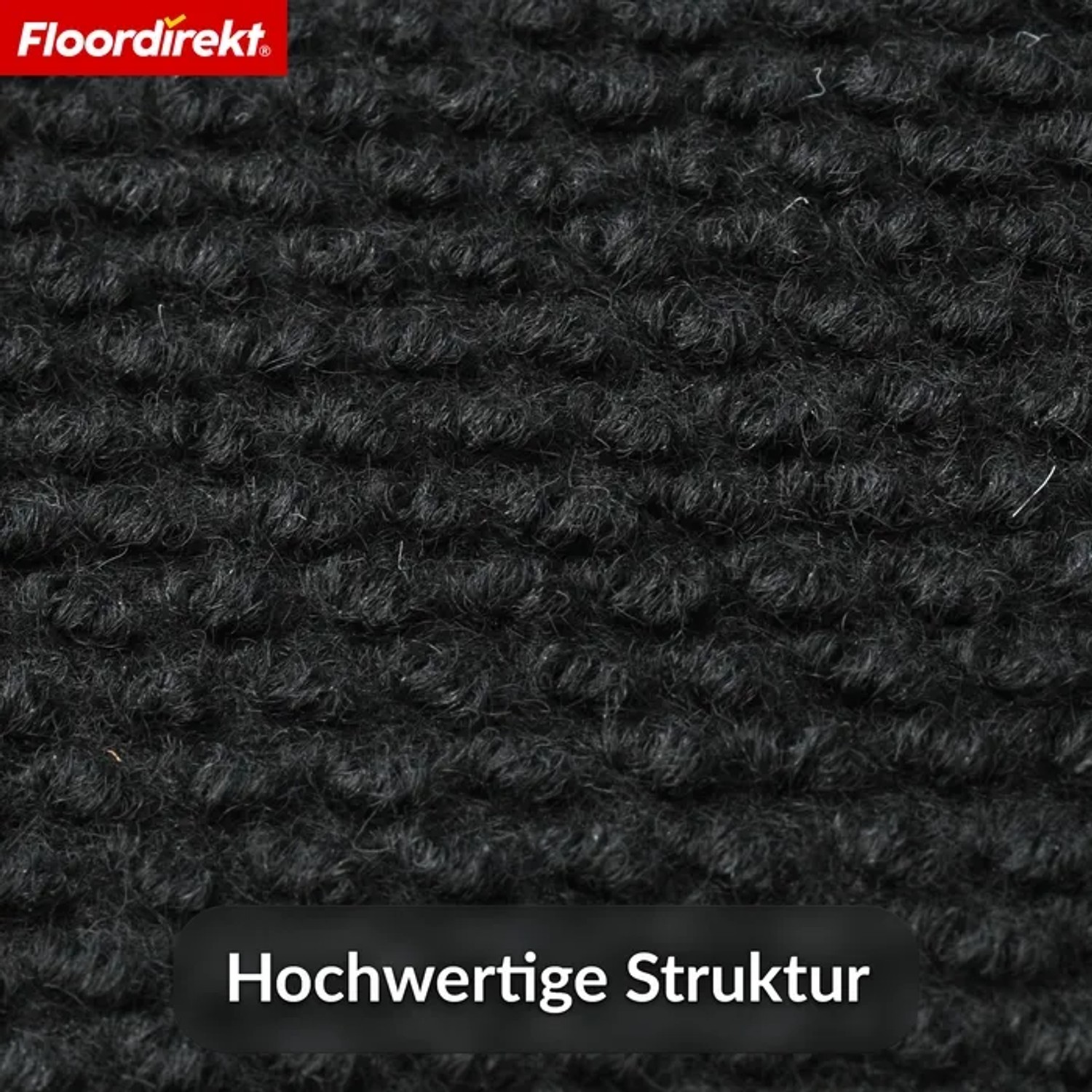 Nahaufnahme der schwarzen Floordirekt Schmutzfangmatte Hong Kong PRO. Zeigt die strukturierte Polypropylen-Oberfläche für Schmutzaufnahme.