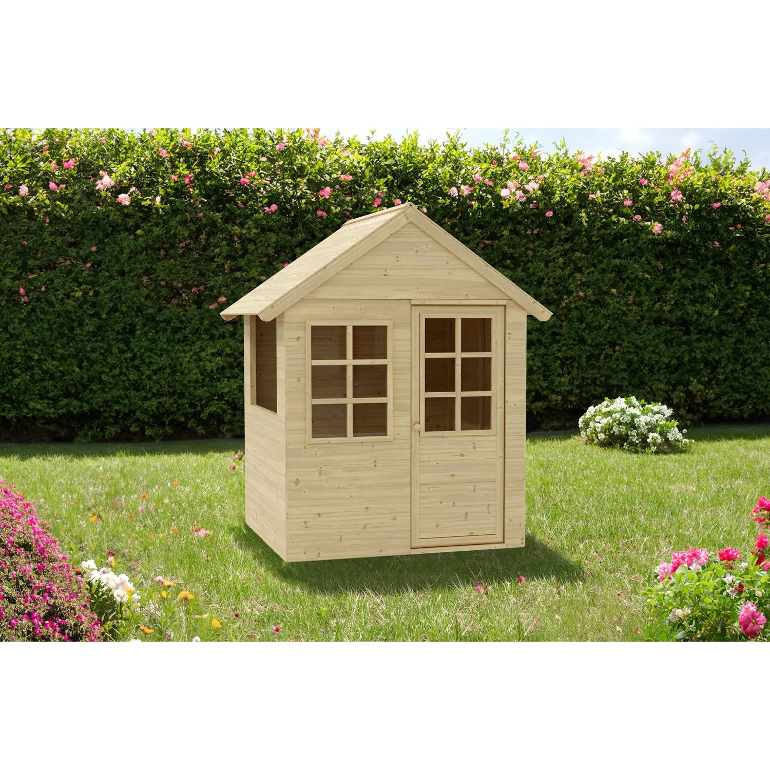 Zwerkules Spielhaus Holla aus FSC®-Holz, naturbelassen, mit Fenster und Tür im Garten.