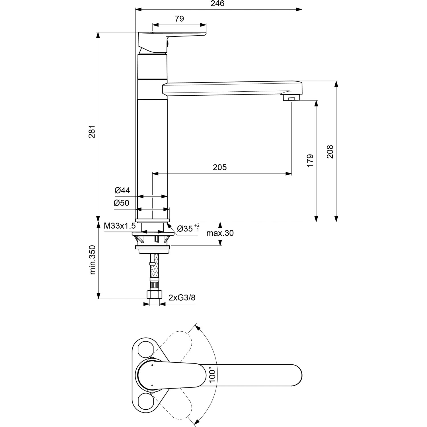 Skizze der Ideal Standard Cerafine O Küchenarmatur mit hohem Auslauf in Chrom, Maße und Details.