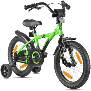 PROMETHEUS BIKES Kinderfahrrad 16 Zoll ab 4 und 5 Jahre mit Stützrädern und Rücktrittbremse Grün