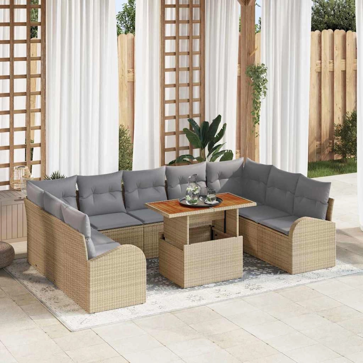 Beiges 10-teiliges Garten-Sofa-Set mit Stauraum aus Polyrattan von vidaXL.