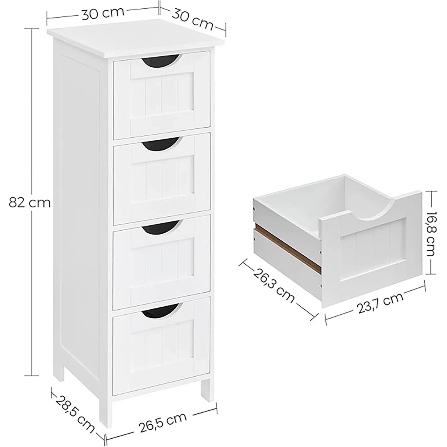 Songmics Badezimmerschrank Sofie, weiß, mit 4 Schubladen und Maßangaben.
